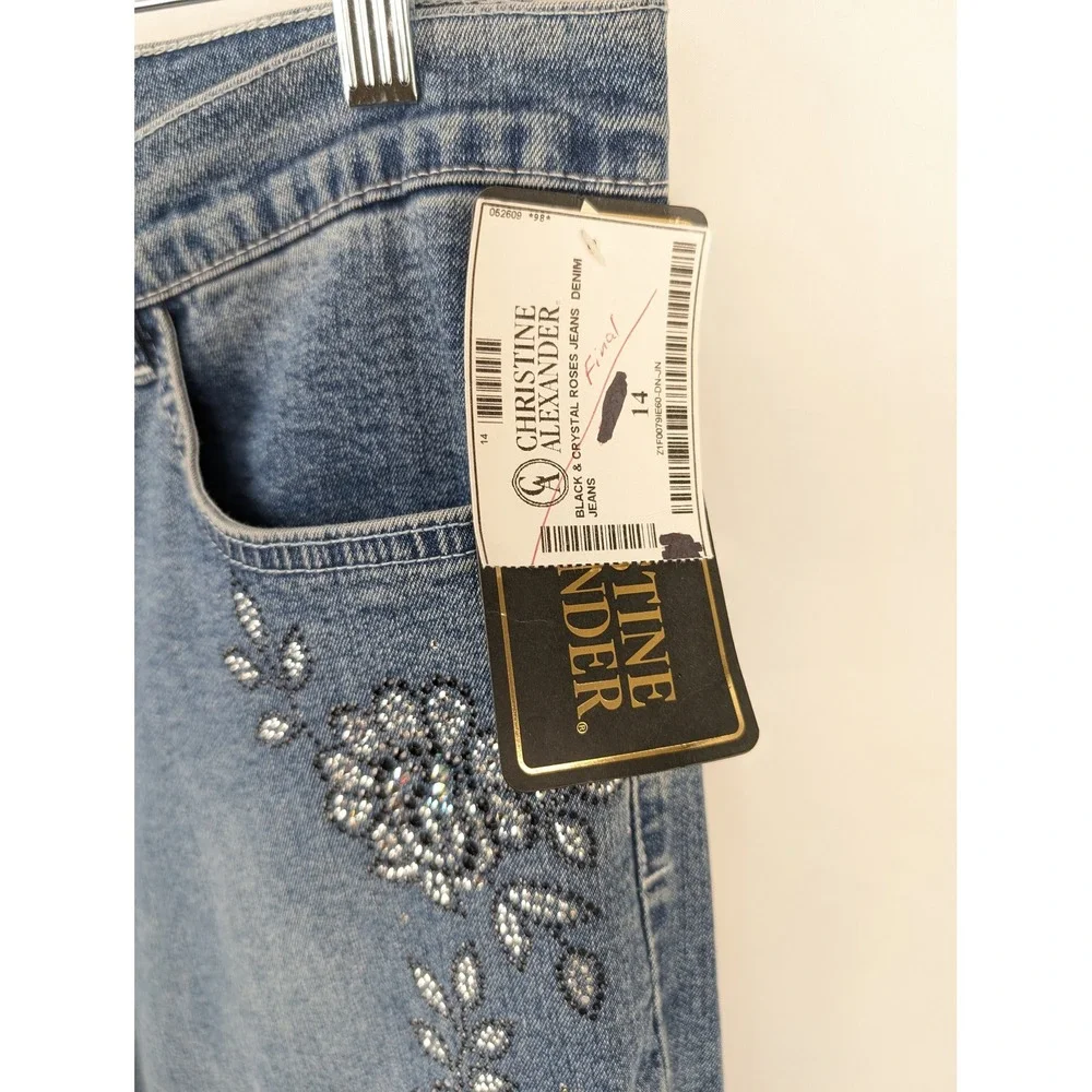 Vintage Y2K Christine Alexander Floral Crystal Embellished Denim Jeans Size 14 - Picture 5 of 9